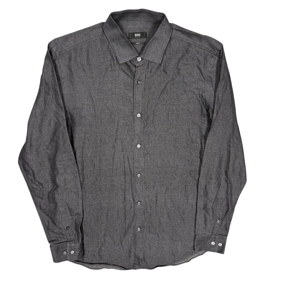 Hugo Boss Slim Fit Dress Shirt Denim "Isaak" Cotton Long Sleeve Grey 41 16 Large